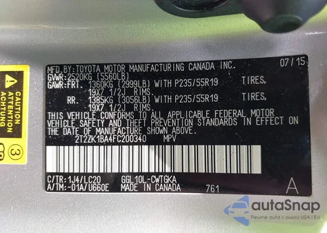 2015 Lexus Rx 350 из США, поврежденный, VIN 2T2ZK1BA4FC200340